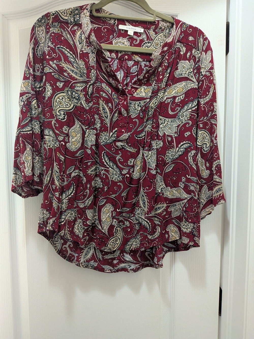fun 2 fun Burgundy Paisley V-Neck Blouse